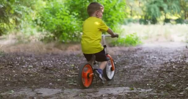 Barncykling Genom Skogen Sommarsemester Ungen Njuta Att Köra Cykeln Utomhus — Stockvideo