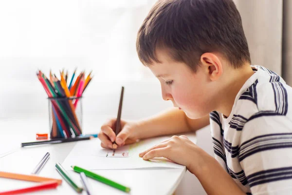 Cute Boy Drawing Piece Paper Colour Pencils Home Classroom Kid — Stock Photo, Image
