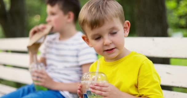 Barn Dricker Läsk Och Äter Varmkorv Sittandes Bänk Parken Efter — Stockvideo
