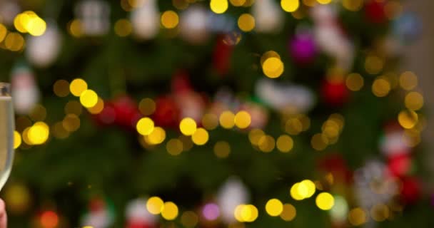 未知の人々の手は シャンパングラスのトーストを飲み 輝くガーランドで飾られたクリスマスツリーと一緒に新年を祝います おめでとう コンセプト 高品質の4K映像 — ストック動画