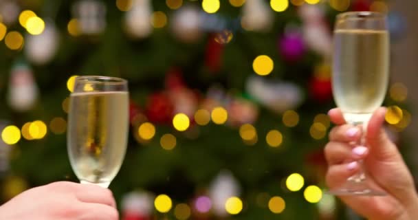 不认识的人的手碰碰香槟酒杯 举杯庆祝新年 一起面对着装饰着灿烂花环的圣诞树 恭喜你的概念高质量的4K镜头 — 图库视频影像
