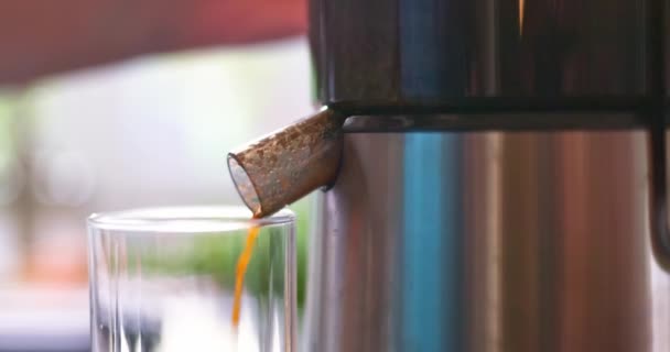 Meyve Sıkacağından Taze Sıkılmış Havuç Suyu Bardağa Dökülür Elektrikli Sıkacağı — Stok video