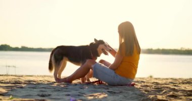 Güneş gözlüklü neşeli genç bayan gün batımında köpeğiyle sahilde oturur. Yüksek kalite 4k görüntü