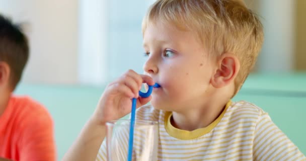 Słodkie Dzieci Pijące Wodę Sodową Lub Napój Bezalkoholowy Słomką Restauracji — Wideo stockowe