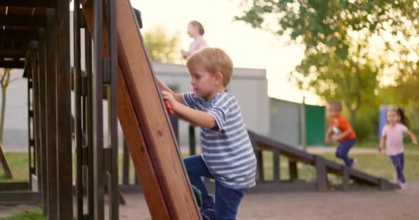 Мальчик Забирается Детскую Площадку Активный Ребенок Спорт Развитие Дети Играют — стоковое видео