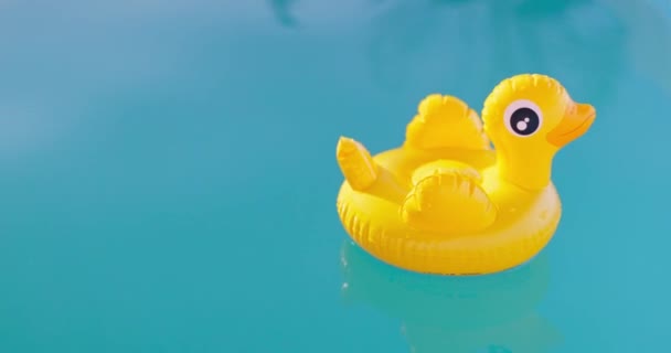 在阳光灿烂的日子里 可充气黄鸭玩具在清澈蓝水的游泳池里游泳 高质量的4K镜头 — 图库视频影像