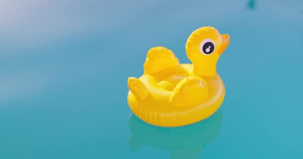 明るい晴れた日に透明な青い水のプールで泳ぐ膨脹可能な黄色のアヒルのおもちゃ 高品質の4K映像 — ストック動画