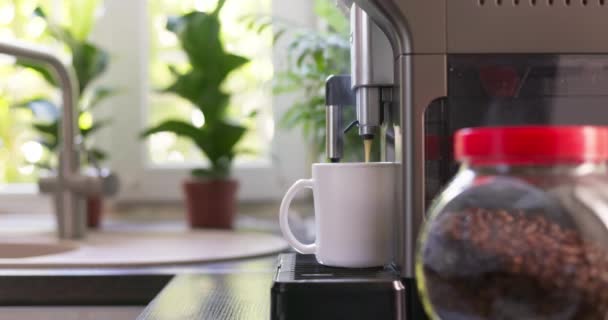 用咖啡机做一杯咖啡 早餐喝饮料 高质量的4K镜头 — 图库视频影像