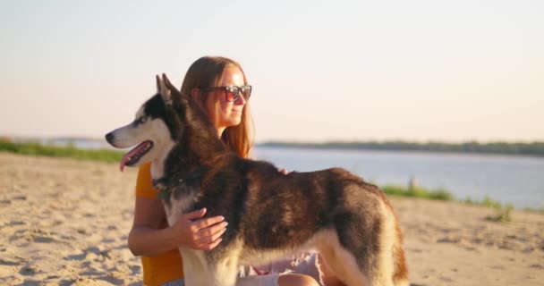 Glückliche Tierbesitzerin Entspannt Sich Und Umarmt Ihren Hund Sommer Strand — Stockvideo