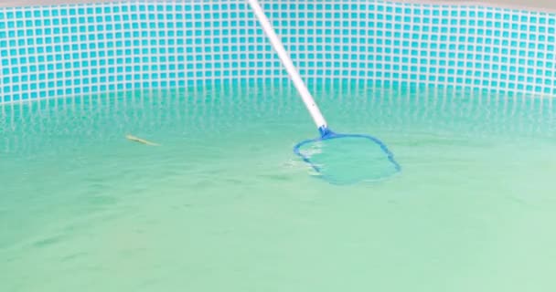 Čistící Rám Bazénu Odpěňovačem Sítě Klouzavá Síť Zachycuje Spadlé Listí — Stock video