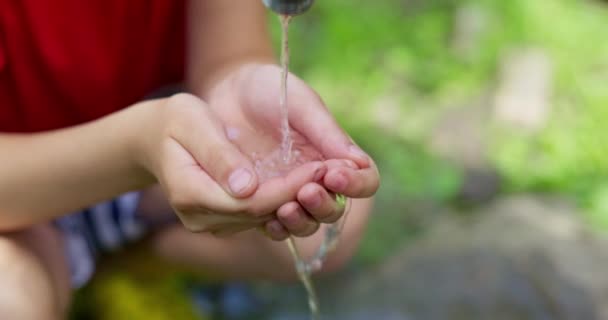 Чайлдс Руки Собирает Воду Крана Чистая Вода Течет Руки Крана — стоковое видео