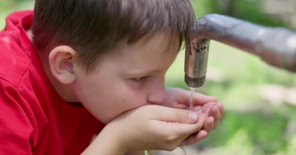 Kind Jongen Drinkwater Uit Het Water Kraan Buiten Hoge Kwaliteit — Stockvideo