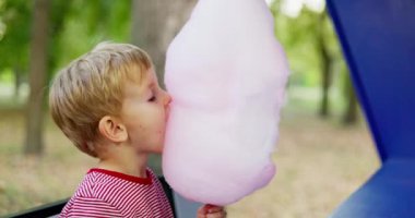 Küçük çocuk parkta pembe pamuk şeker yiyor. Yüksek kalite 4k görüntü