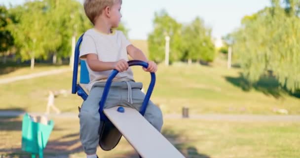 Children Ride Balancing Swing Little Boy Laughing Having Fun Swinging — Stock Video
