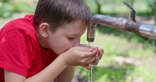 Junge Trinkt Wasser Aus Dem Wasserhahn Freien Hochwertiges Filmmaterial — Stockvideo