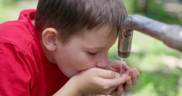 Kind Jongen Drinkwater Uit Het Water Kraan Buiten Hoge Kwaliteit — Stockvideo