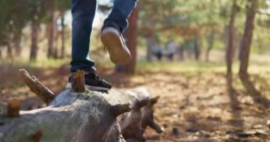Forest Park 'ta oynayan bir çocuk. Devrilmiş bir ağaçta yürüyen bir çocuğun ayaklarının yakın çekimi. Spor ayakkabılı bir çocuk parkta devrilmiş bir ağaçta yürüyor. Ormanda aktif bir eğlence. Yüksek kalite 4k görüntü