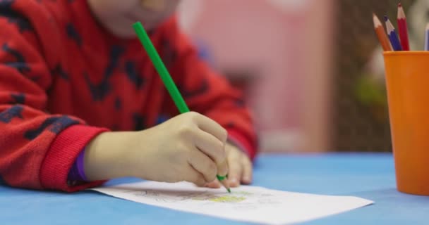 Niño Pequeño Dibujando Con Lápiz Sobre Papel Jardín Infantes Educación — Vídeo de stock