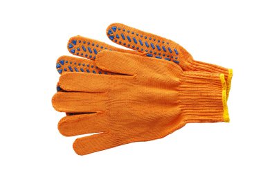 Turuncu iş eldivenleri, kaymaz mavi noktalar, inşaat için uygun, beyaz üzerinde izole.