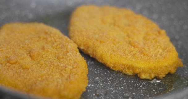 Two Breaded Chicken Schnitzels Frying Non Stick Pan Close View — Stock Video