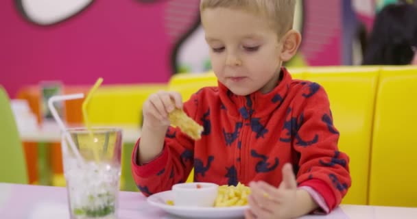 Niño Disfrutando Una Pepita Pollo Con Papas Fritas Colorido Ambiente — Vídeo de stock