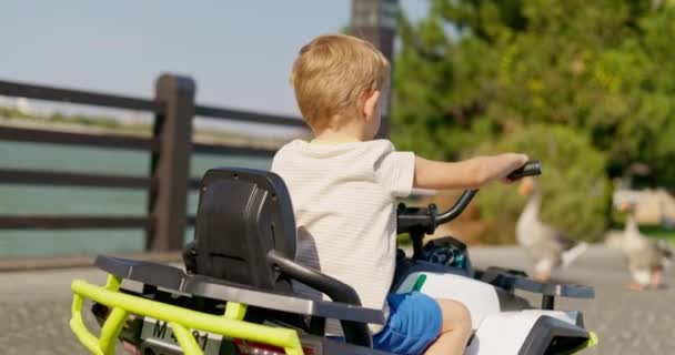 Ett Litet Barn Styr Elektrisk Leksaksbil Utomhus Solig Dag Upplever — Stockvideo