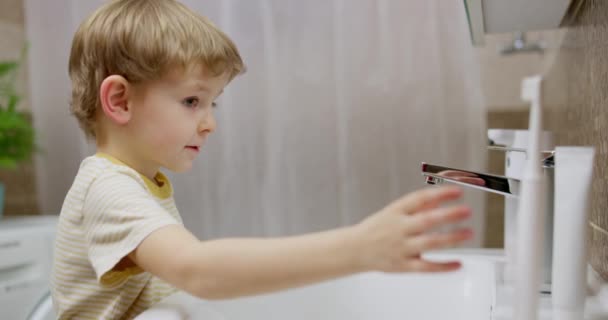 Lächelnder Kleiner Junge Badezimmer Der Mit Einer Zahnbürste Gute Mundhygiene — Stockvideo