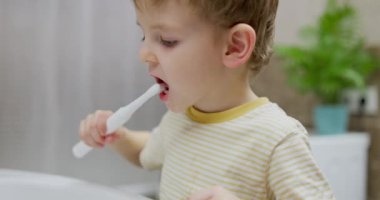 Banyoda diş fırçasıyla diş fırçalayan küçük bir çocuk. Günlük rutin ve diş temizliği konsepti. Sağlık sigortası, eğitim materyali, ebeveynlik blogu için tasarım. Yüksek kalite 4k görüntü