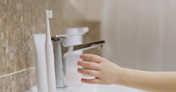 Child Reaching Toothbrush Modern Bathroom Oral Hygiene Cheerful Childhood Concept — Stock Video