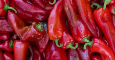 Canlı kırmızı biberler çiftçi pazarında üst üste yığılmış taze ürünler ve sağlıklı yiyecekler sergiliyorlar. Yüksek kalite 4k görüntü