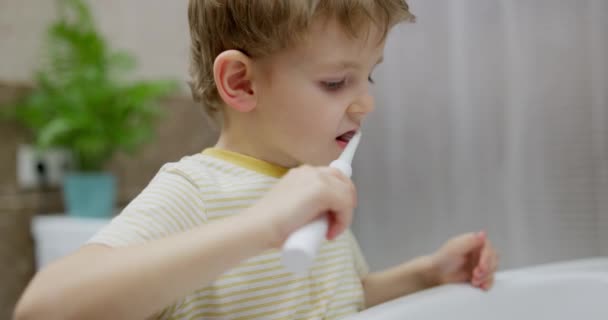 ストライプのシャツを着た小さな男の子は 現代の浴室で歯を磨き 早期の衛生教育を示しています 高品質の4K映像 — ストック動画