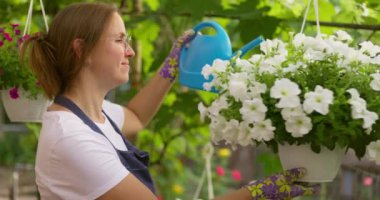 Bahçede mavi sulama kutusuyla beyaz çiçekleri sulayan gülümseyen bir kadın. Bahçe işleri ve bitki bakımı konsepti. Yüksek kalite 4k görüntü