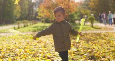 Genç bir çocuk, güneşli bir park ortamında canlı sonbahar yaprakları arasında köpüklü bir değnekle neşeyle oynuyor. Yüksek kalite 4k görüntü