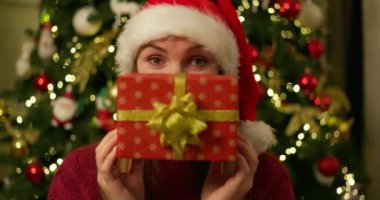 Gülümseyen bir kadın, elinde süslenmiş bir ağaçla, yüzüne paketlenmiş bir Noel hediyesi tutuyor. Yüksek kalite 4k görüntü