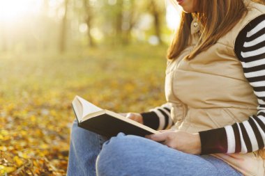 Bir insan dışarıda oturuyor ve sıcak sonbahar günışığında kitap okuyor. Arka planda ağaçlar ve yerdeki yapraklar görünüyor..
