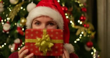 Noel Baba şapkalı bir kadın Noel hediyesini yüzünün önünde süslenmiş bir ağaçla tutuyor. Yüksek kalite 4k görüntü