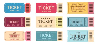 Bilet ayarlandı. Antika etkinlik kuponu koleksiyonu. Vektör illüstrasyonu beyaz arkaplanda izole edildi