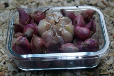 Plastik kutuda taze soğanlar var.