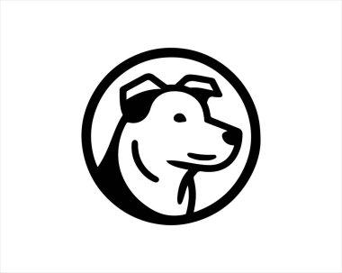 Köpek logosu tasarım şablonu. Köpek kafası ikonu. Vektör çizimi. Basit bir siluet. Düz stil. Köpek suratlı logo. Hayvan logosu kavramı. 