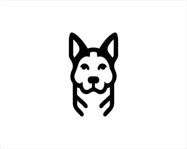 Köpek logosu tasarım şablonu. Köpek kafası ikonu. Vektör çizimi. Basit bir siluet. Düz stil. Köpek suratlı logo. Hayvan logosu kavramı. 