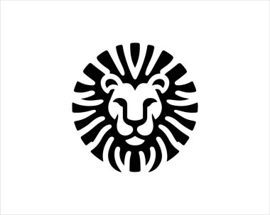 Aslan başlı logo, aslan başlı ikon, aslan yüzlü logo. Basit bir siluet. Düz stil. Logo tasarım şablonu. Vektör çizimi. Hayvan logosu kavramı.