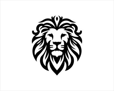 Aslan başlı logo, aslan başlı ikon, aslan yüzlü logo. Basit bir siluet. Düz stil. Logo tasarım şablonu. Vektör çizimi. Hayvan logosu kavramı.