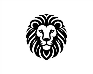 Aslan başlı logo, aslan başlı ikon, aslan yüzlü logo. Basit bir siluet. Düz stil. Logo tasarım şablonu. Vektör çizimi. Hayvan logosu kavramı.