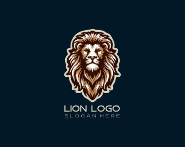 Aslan başlı logo, aslan başlı ikon, aslan yüzlü logo. Basit bir siluet. Düz stil. Logo tasarım şablonu. Vektör çizimi. Hayvan logosu kavramı.