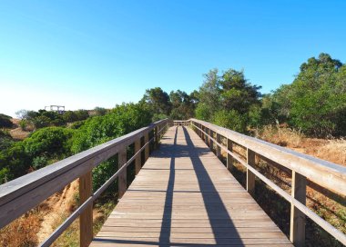 Portekiz, Lagos 'taki Praia de dona plajından yeni ahşap kaldırımlarda Ponta de Piedade' ye yürüyüş.