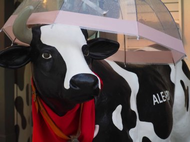 İberya Bira Dükkanı 'nın inek maskotu ve yağmurda şemsiyesi.