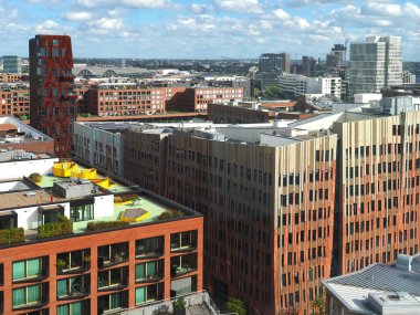 Hamburg Almanya 'sında HafenCity' nin çarpıcı binalarının hava manzarası