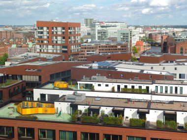 Hamburg Almanya 'sında HafenCity' nin çarpıcı binalarının hava manzarası