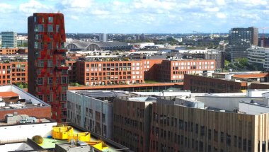 Hamburg Almanya 'sında HafenCity' nin çarpıcı binalarının hava manzarası