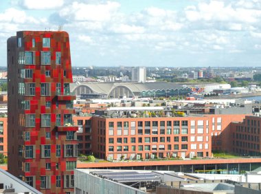 Hamburg Almanya 'sında HafenCity' nin çarpıcı binalarının hava manzarası